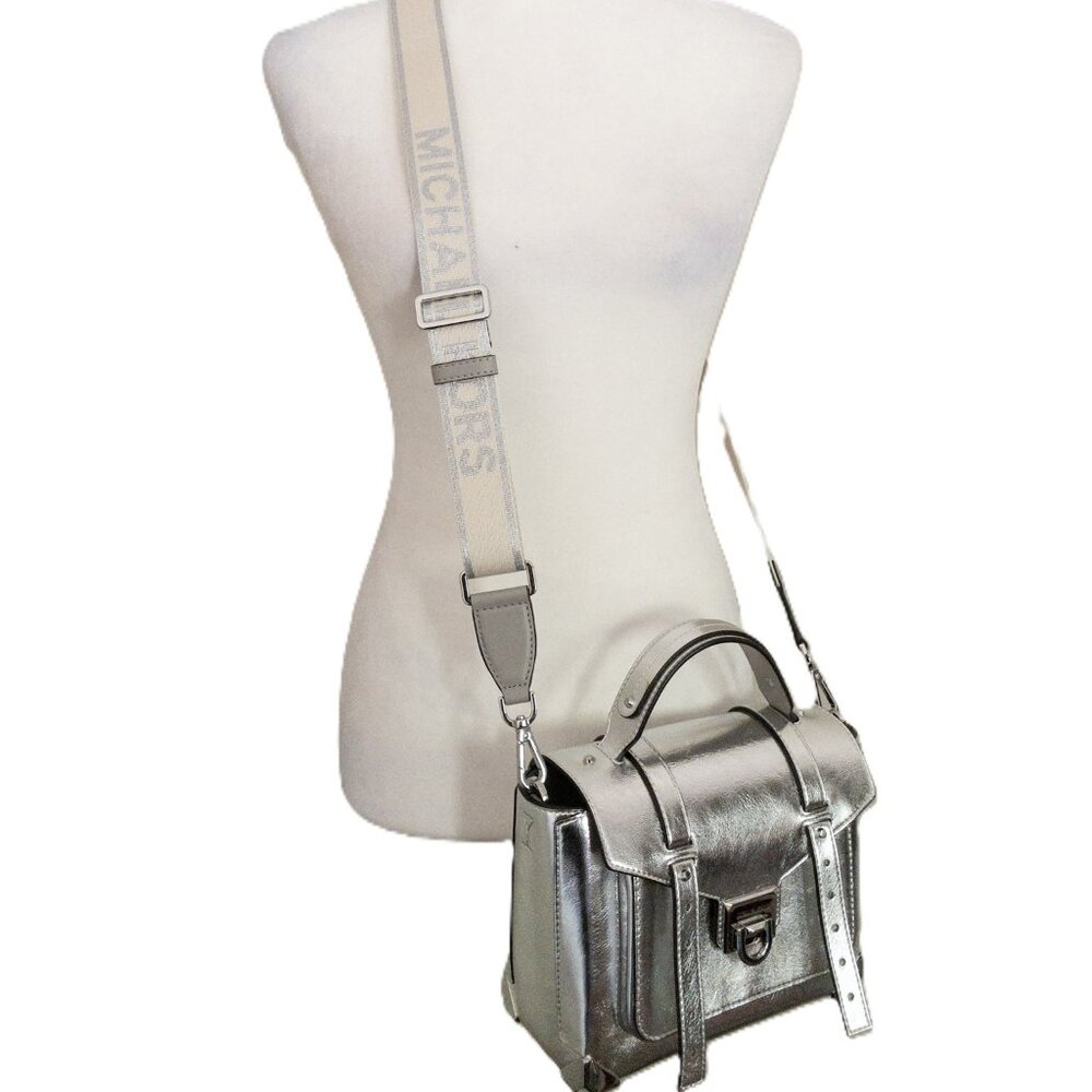 Michael Kors Manhattan Medium Metallic Satchel - Silver Adjustable Strap Logo